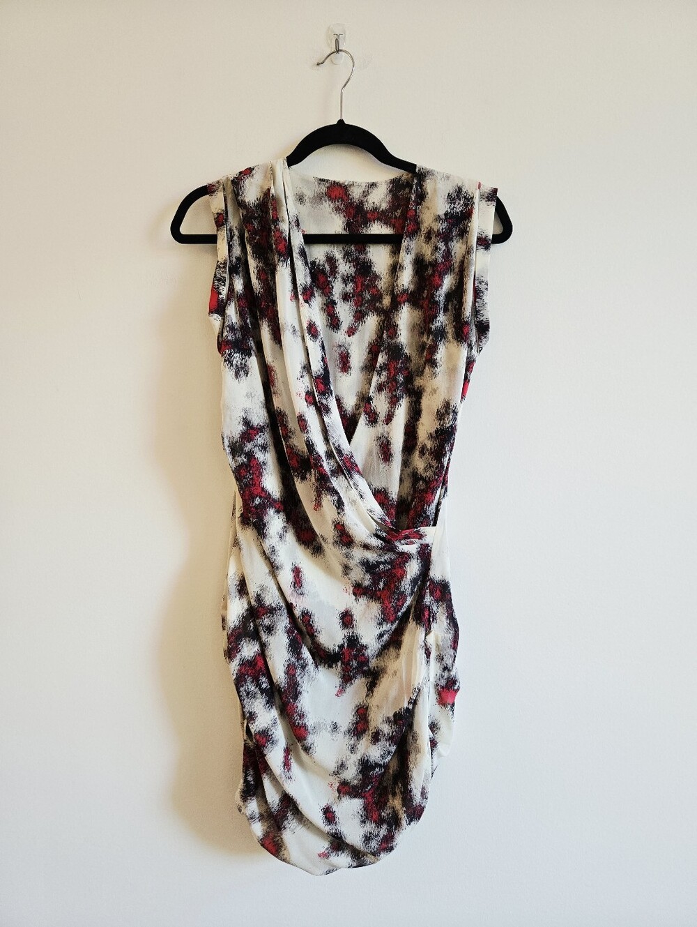 IRO I S/M 100% Silk Shana Faux Wrap Mini Dress I red white grey